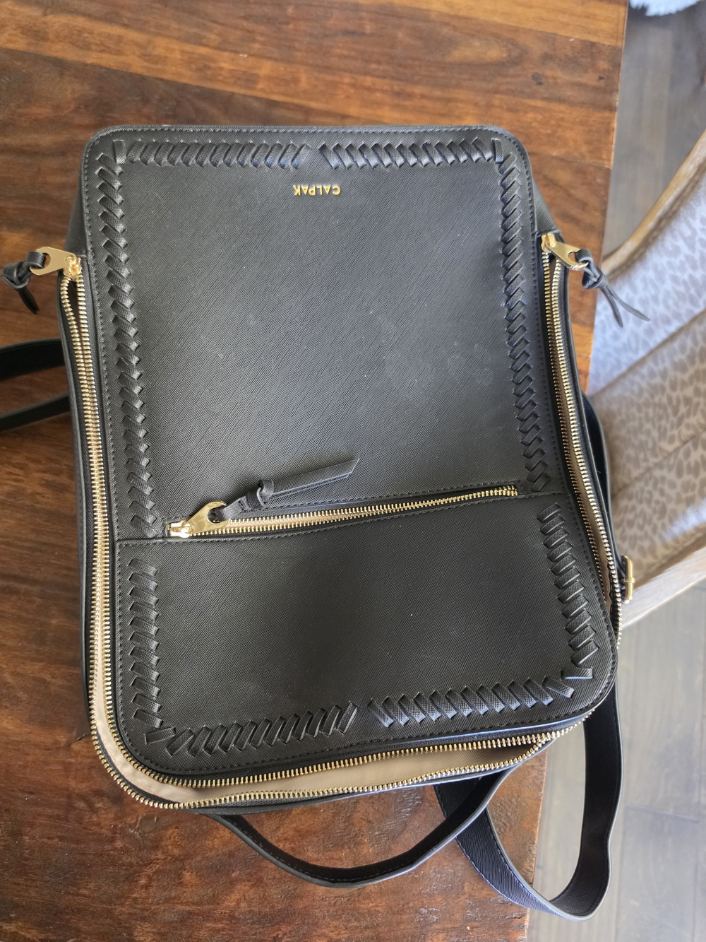 Calpak Black Leather Messenger Bag with Gold Hardware